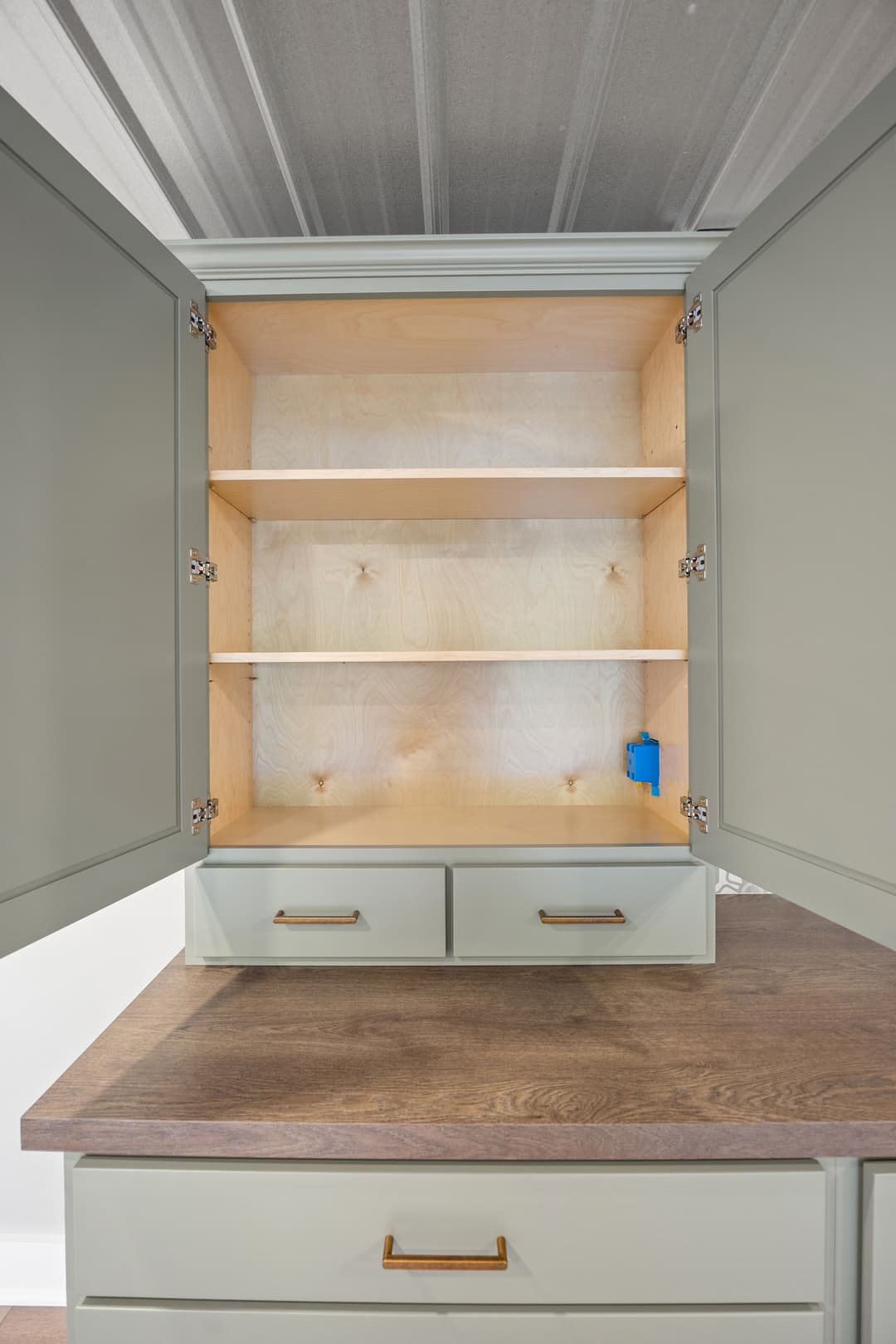 Empty kitchen cabinet with light wood shelves and modern gray doors. Ideal for storage solutions.
